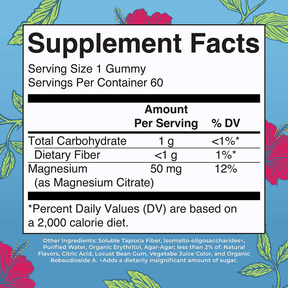 Supplement Facts label showing magnesium citrate 50 mg per gummy with serving size of 1 gummy and 60 servings per container.