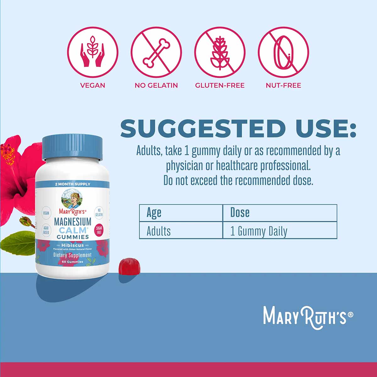 MaryRuth's Magnesium Calm gummies bottle with hibiscus flavor, vegan, no gelatin, gluten-free, and nut-free.