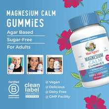 White bottle of MaryRuth's Magnesium Calm Gummies with blue cap and label on blue background with red flowers.