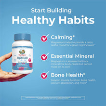 White bottle of MaryRuth's Organics Magnesium Calm Gummies with blue cap held in hand against blue background.