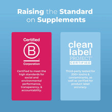 Two certification badges on blue background: B Corporation Certified badge in pink and Clean Label Project Certified badge in