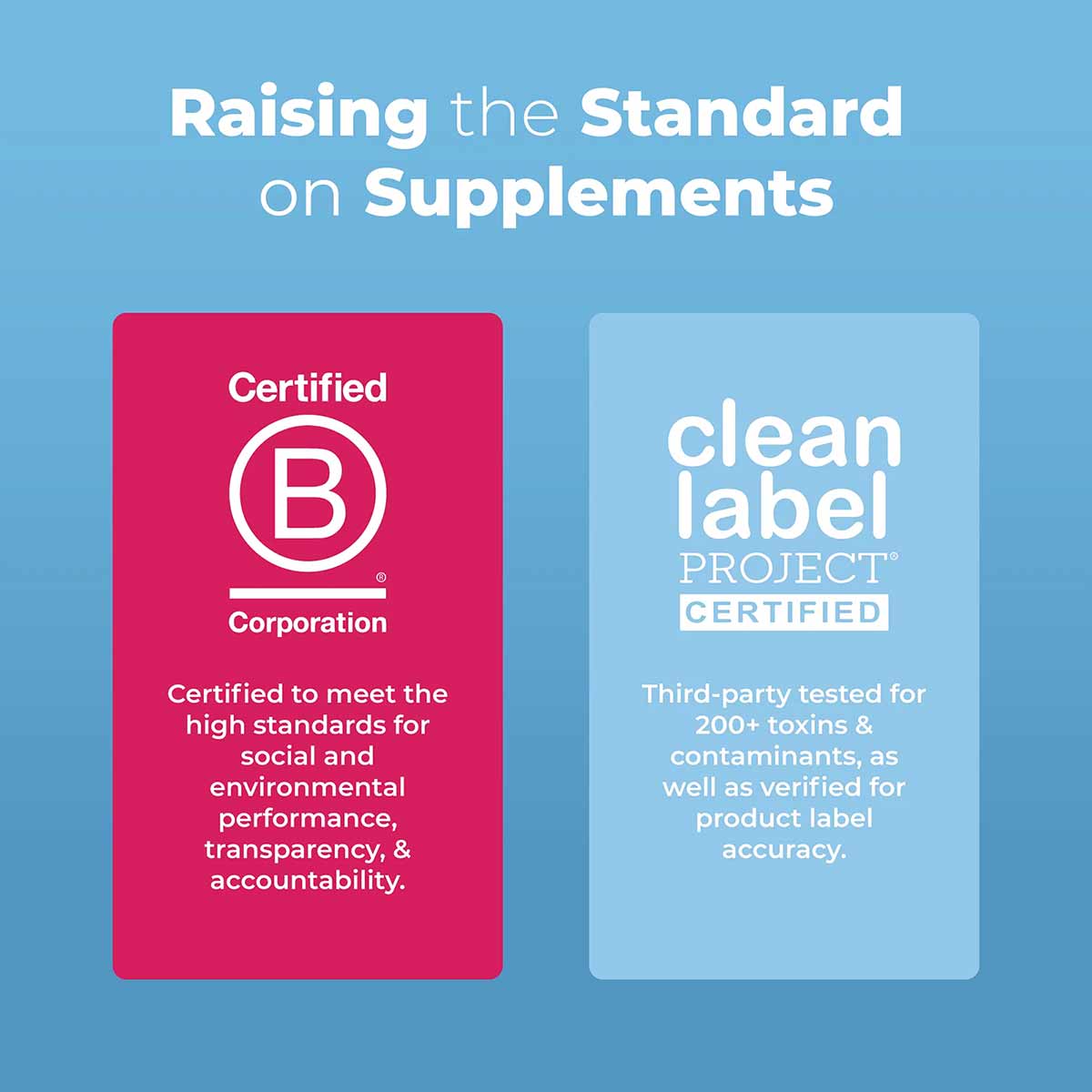 Two certification badges on blue background: B Corporation Certified badge in pink and Clean Label Project Certified badge in