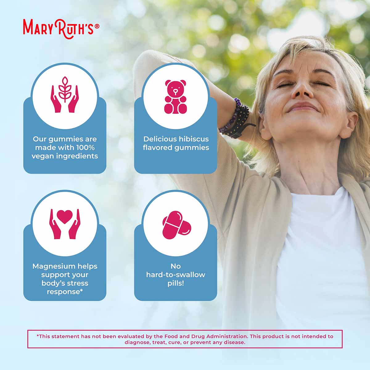 MaryRuth's Organics Magnesium Calm product page showing woman outdoors with four benefit icons describing vegan gummies and h