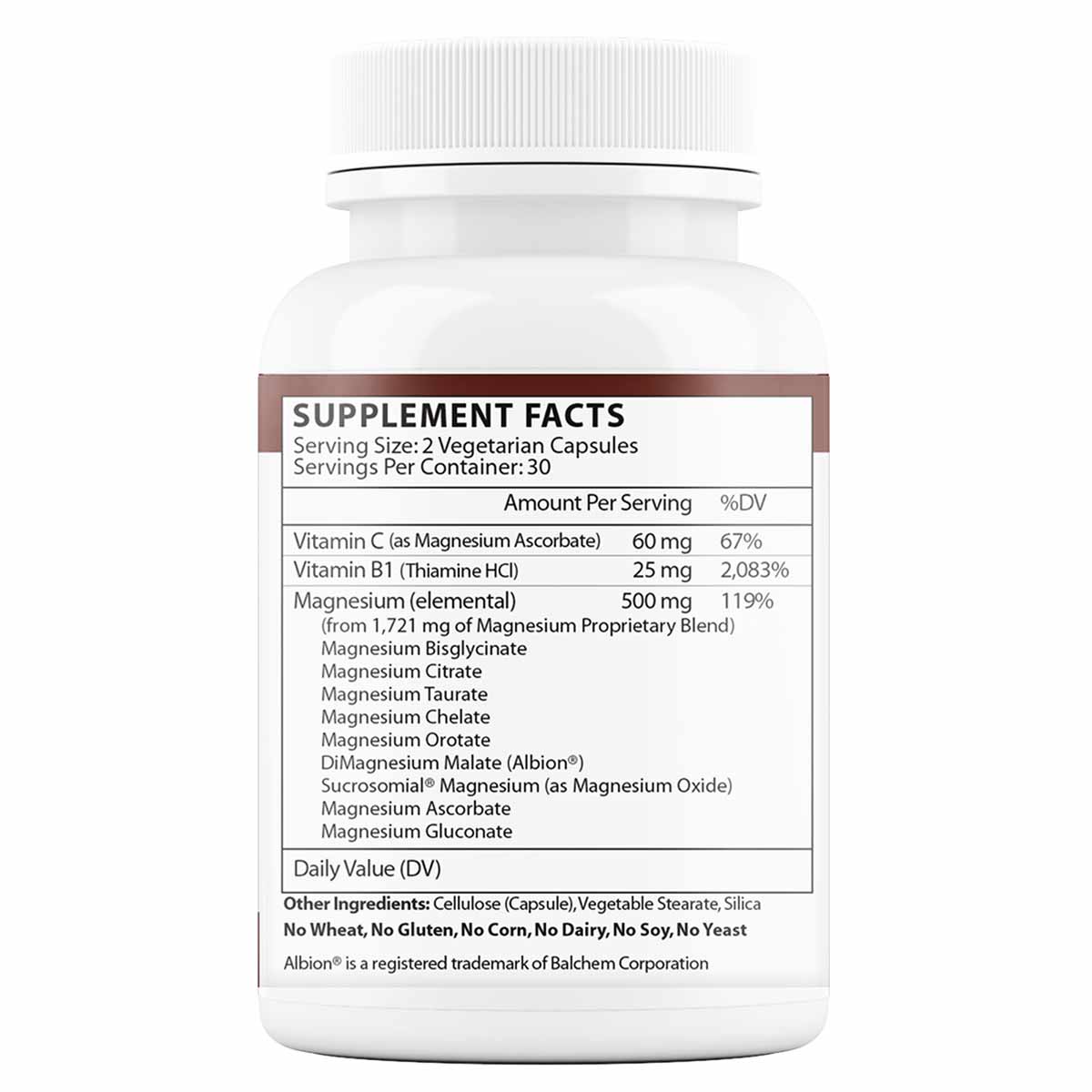 White bottle of Magnesium-9 Complex supplement with ribbed cap and brown label showing supplement facts and ingredient inform