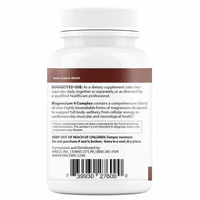 White supplement bottle with ribbed cap, brown label band, and barcode displaying Magnesium-9 Complex product information.
