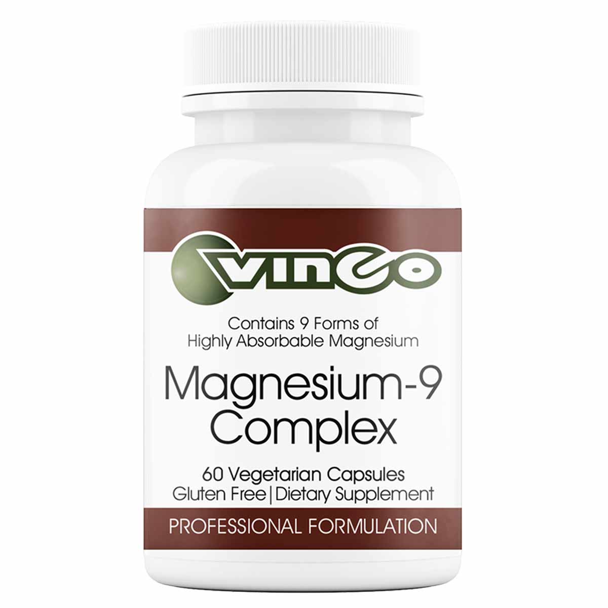 Vinco Magnesium-9 Complex bottle with white cap and brown label stating "60 Vegetarian Capsules" and "Gluten free Dietary Sup