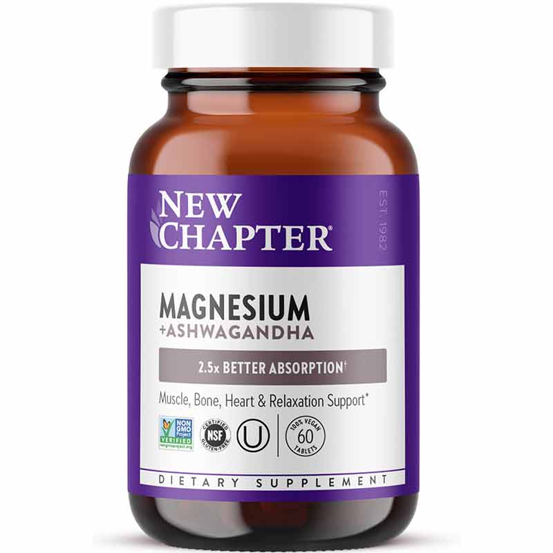 Magnesium + Ashwagandha, 60 Vegan Tablets, by New Chapter