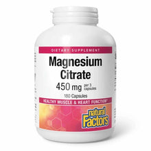 White bottle of Natural Factors Magnesium Citrate 450 mg dietary supplement containing 180 capsules.