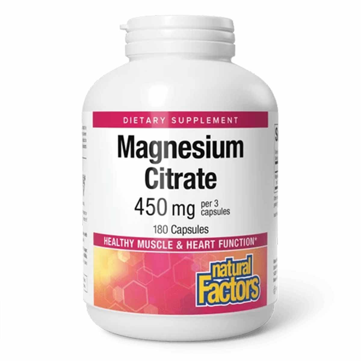 White bottle of Natural Factors Magnesium Citrate 450 mg dietary supplement containing 180 capsules.