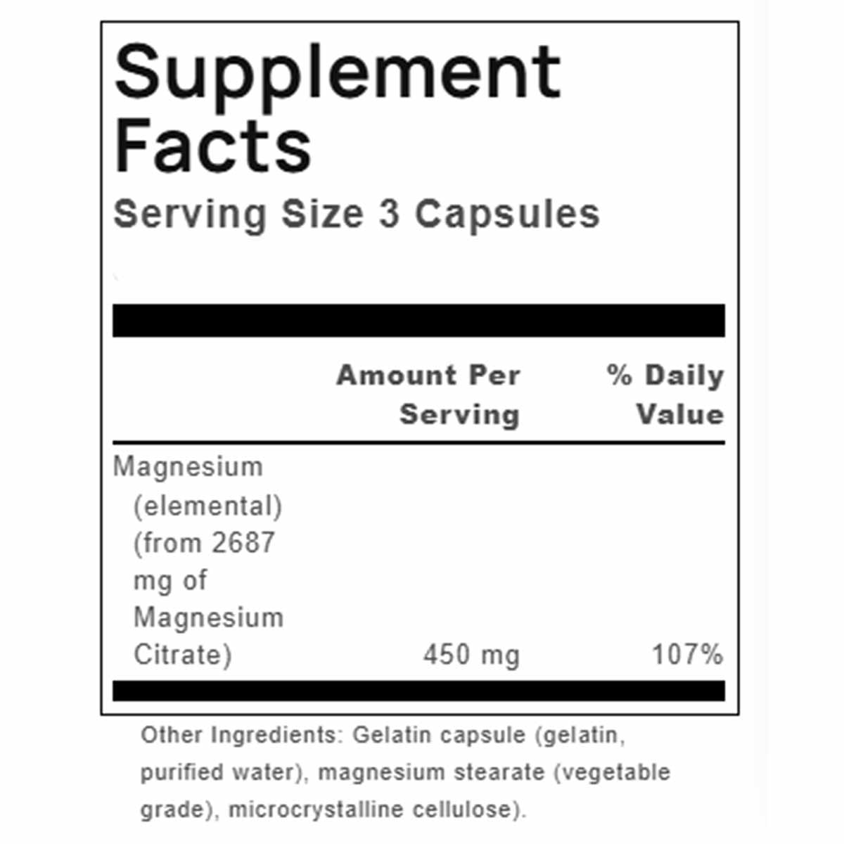 Supplement Facts label showing magnesium citrate 450 mg per 3-capsule serving with 107% daily value and other ingredients lis