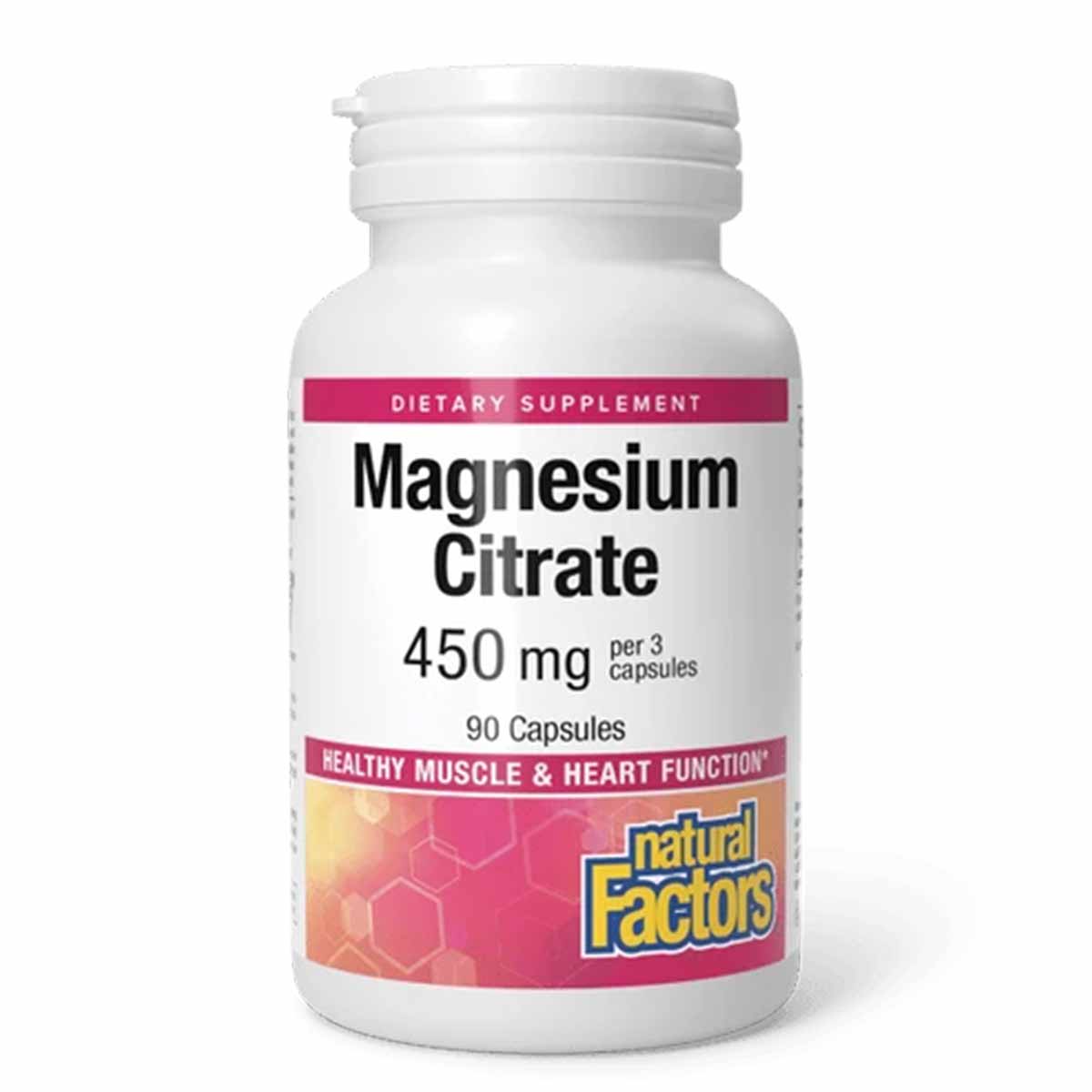 White bottle of Magnesium Citrate 450mg dietary supplement with pink label, containing 90 capsules by Natural Factors.