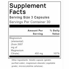 Supplement Facts label showing Magnesium Citrate 450mg per serving, 3 capsules per serving, 30 servings per container.