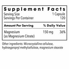 Supplement Facts label for Magnesium Citrate showing 150 mg per capsule serving with 120 servings per container.