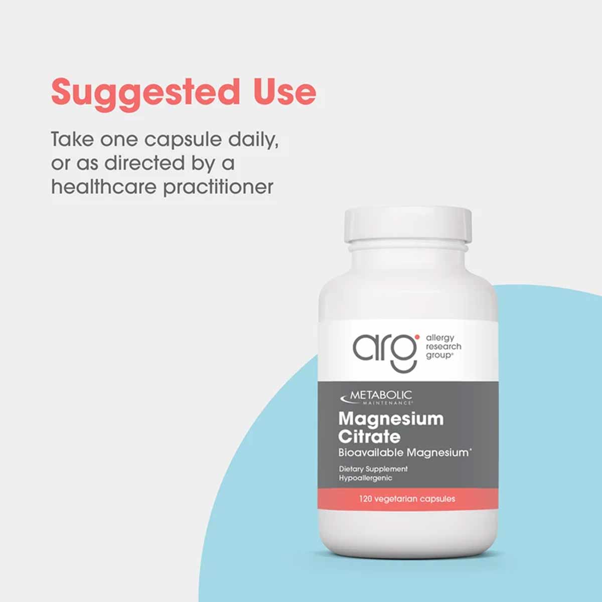 White bottle of Allergy Research Group Magnesium Citrate with gray and coral label, containing 120 vegetarian capsules.