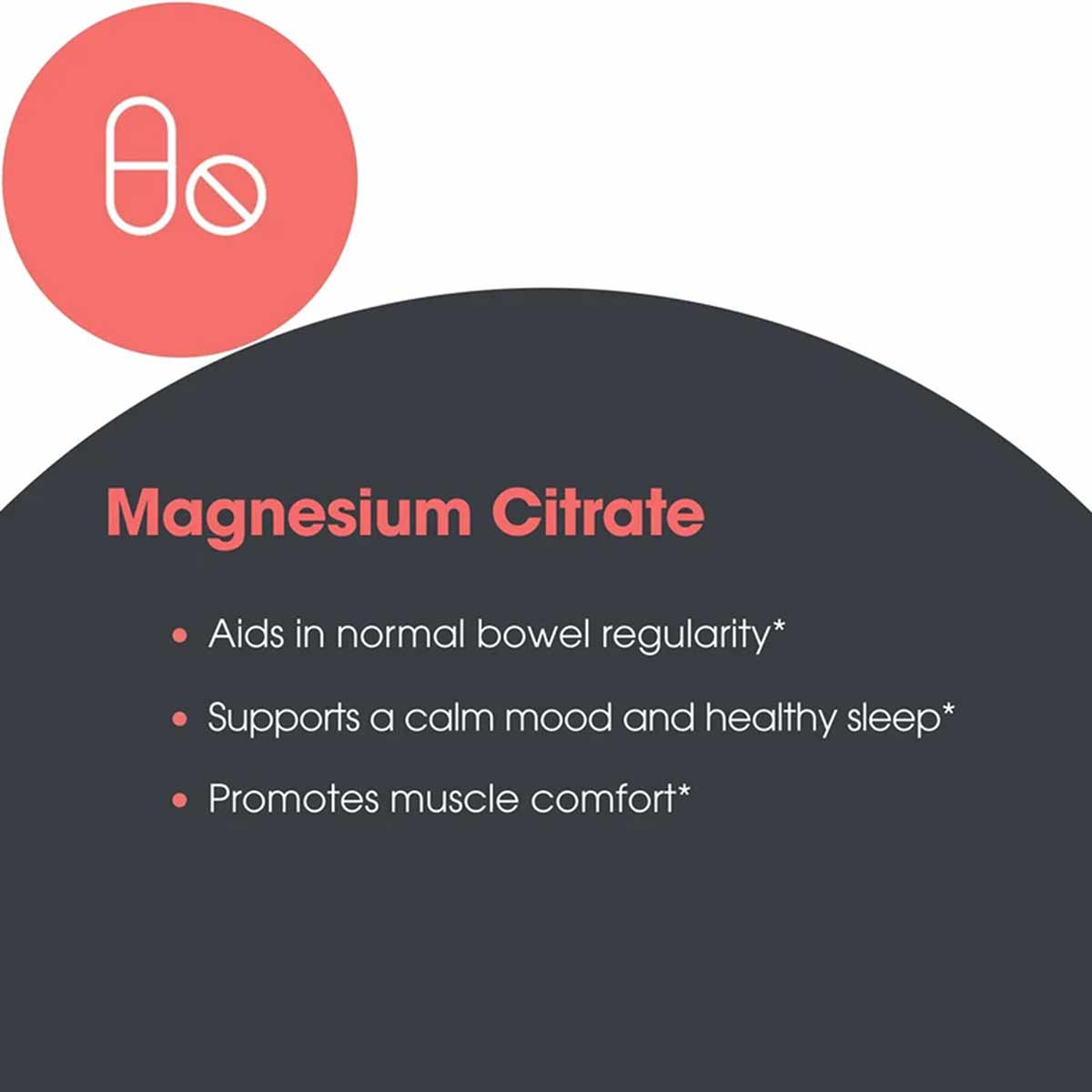 Magnesium Citrate supplement bottle label with pill icon and product benefits listed on dark background.