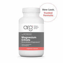 White bottle of Allergy Research Group Magnesium Citrate dietary supplement with gray and coral label and white screw cap.