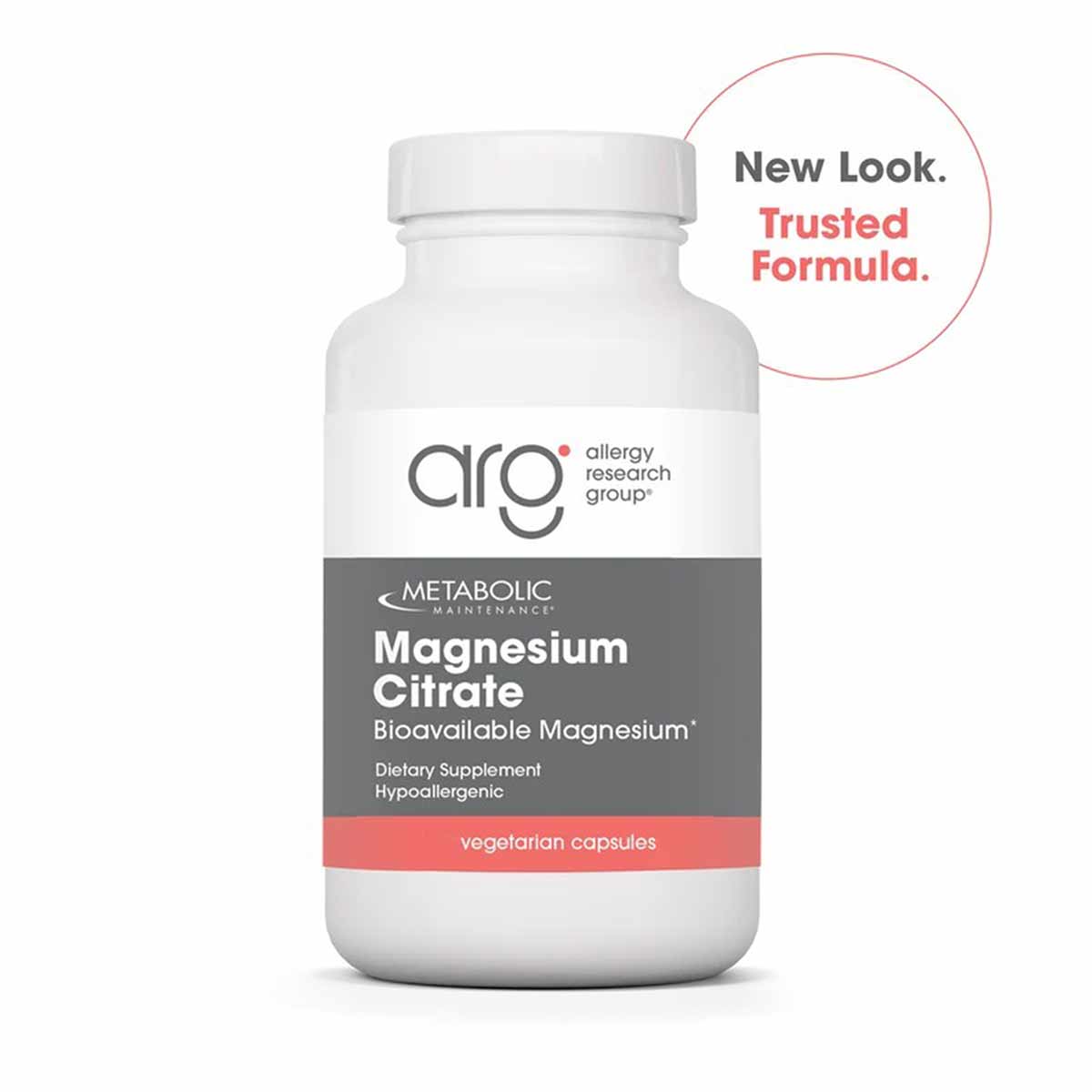 White bottle of Allergy Research Group Magnesium Citrate dietary supplement with gray and coral label and white screw cap.