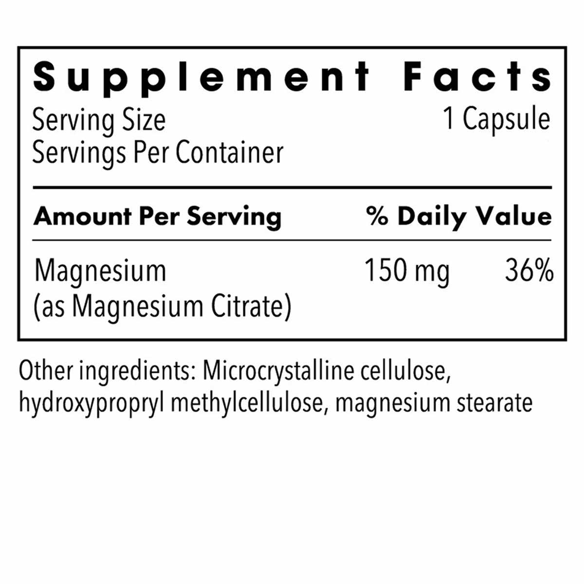 Supplement Facts label showing Magnesium Citrate 150 mg per capsule serving with ingredient list.