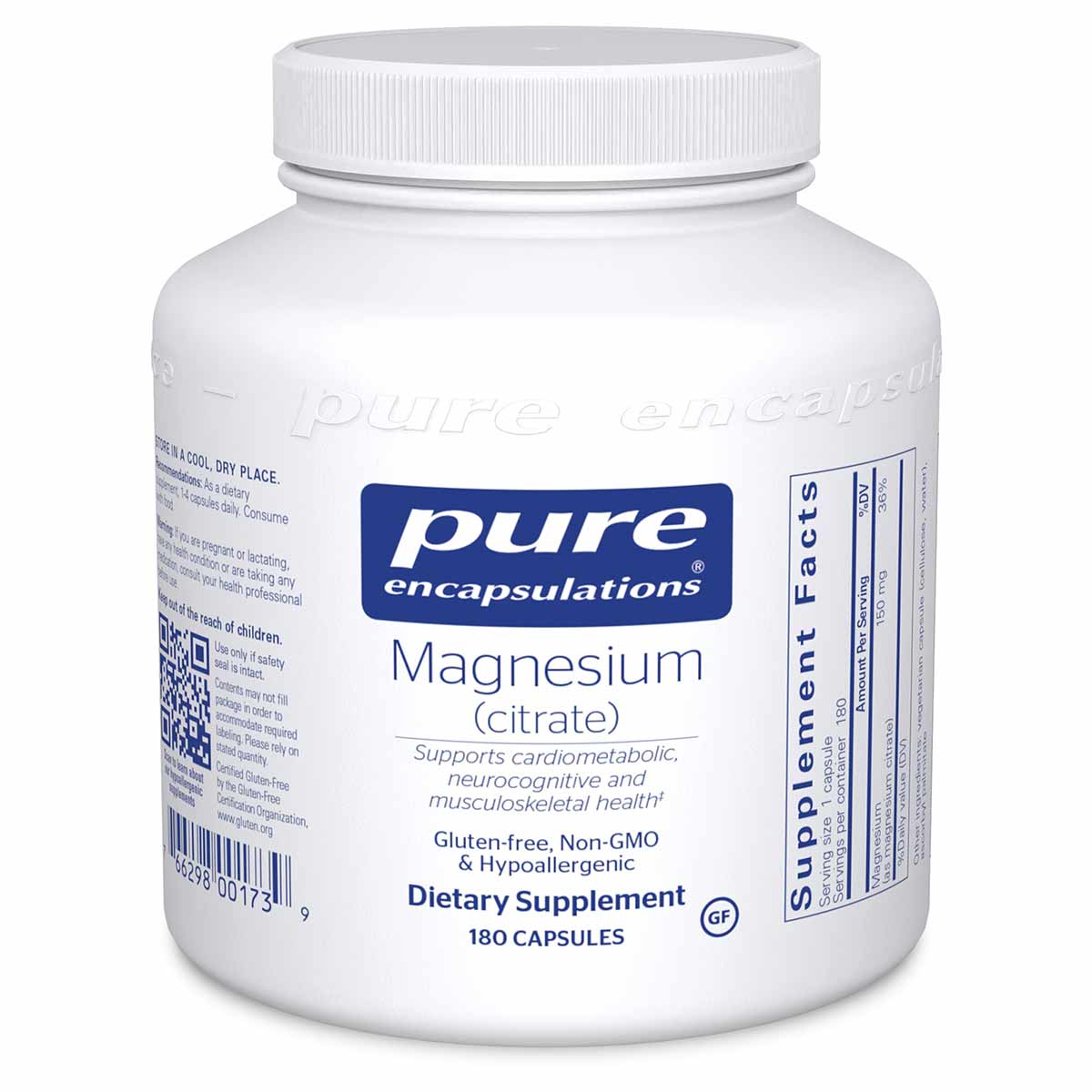 White bottle of Pure Encapsulations Magnesium Citrate dietary supplement containing 180 capsules.