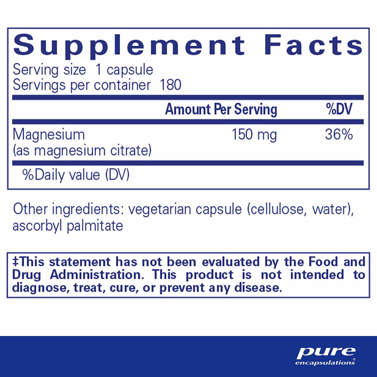 Supplement Facts label for Pure Encapsulations Magnesium citrate showing 150 mg per capsule, 180 servings per container.