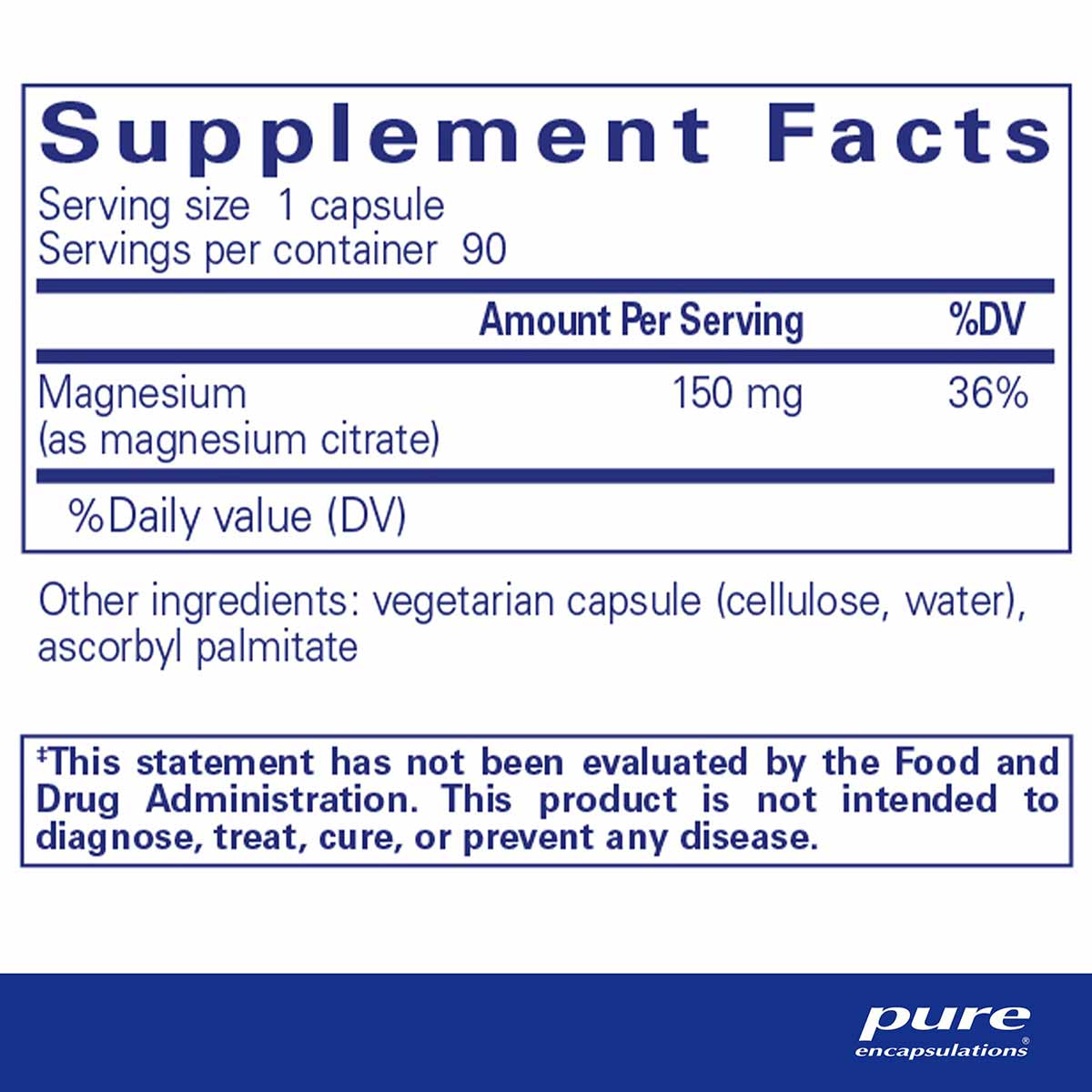 Supplement Facts label for Pure Encapsulations Magnesium citrate showing 150mg per capsule, 90 servings per container.