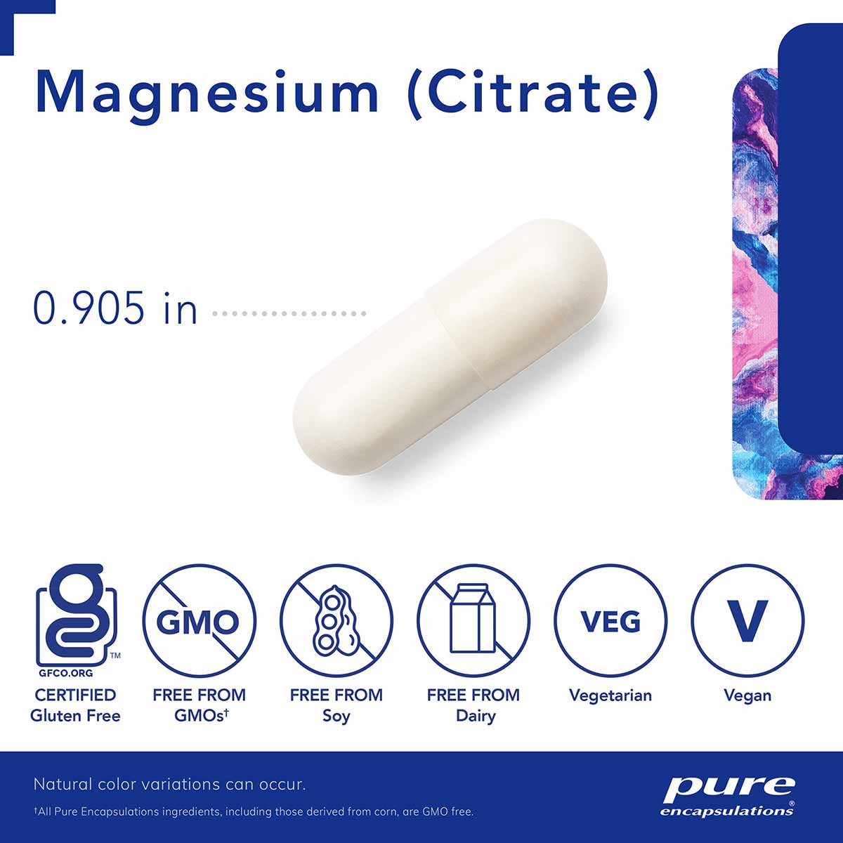 White capsule supplement labeled Magnesium (Citrate) by Pure Encapsulations, 0.905 inches in size.