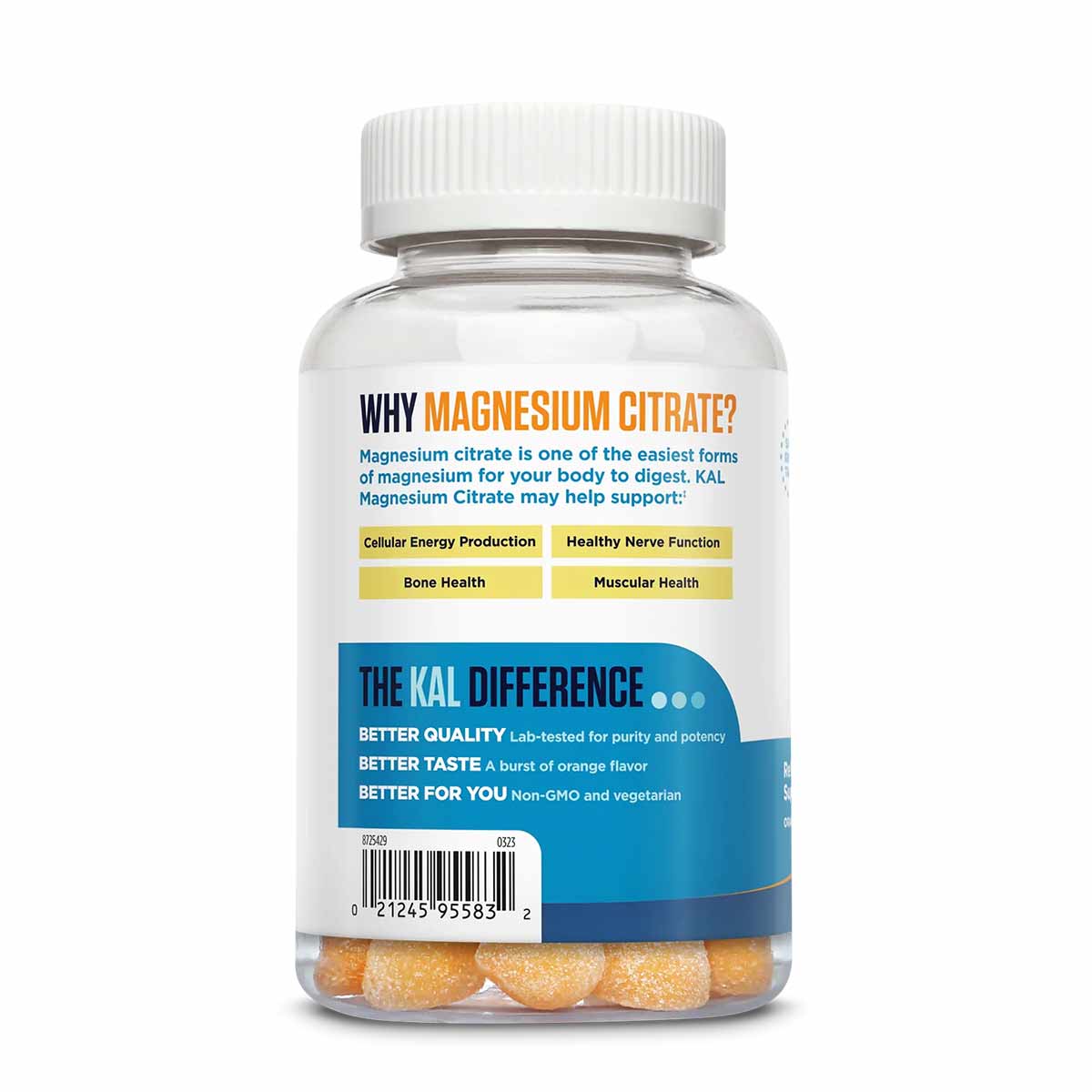 Bottle of Kal Magnesium Citrate gummies with white cap containing orange-colored gummies visible at bottom.