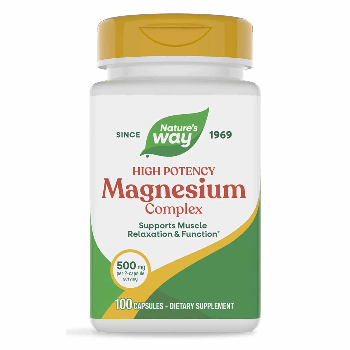 Nature's Way High Potency Magnesium Complex dietary supplement bottle with gold cap, 100 capsules, 500 mg per serving.