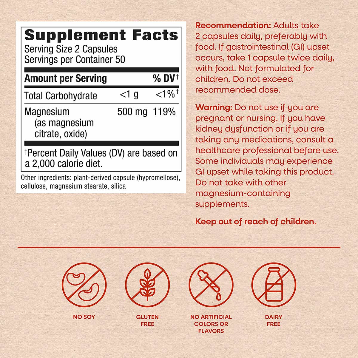 Supplement Facts label for Magnesium Complex Citrate Blend showing 500mg magnesium per serving with usage recommendations and