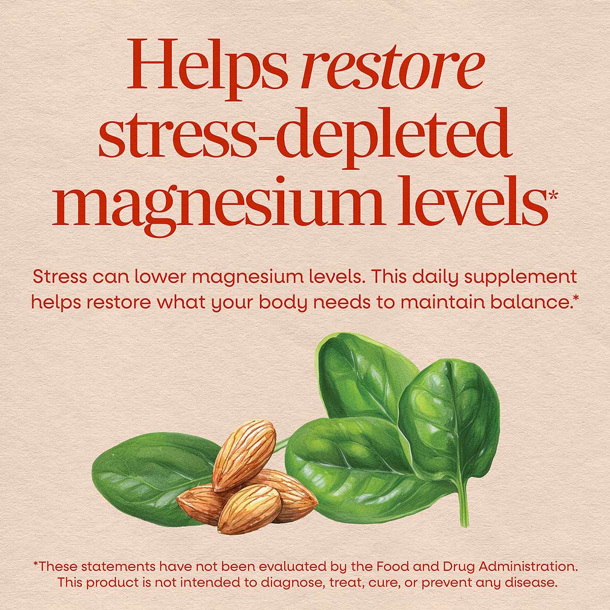 Natures Way Magnesium Complex Citrate Blend bottle displayed with green leaves and almonds on beige background.