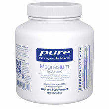 White bottle of Pure Encapsulations Magnesium (glycinate) dietary supplement containing 180 capsules.