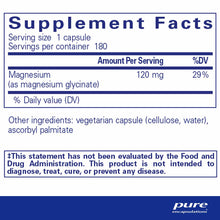 Supplement Facts label for magnesium glycinate capsules showing 120 mg per serving and 180 servings per container.