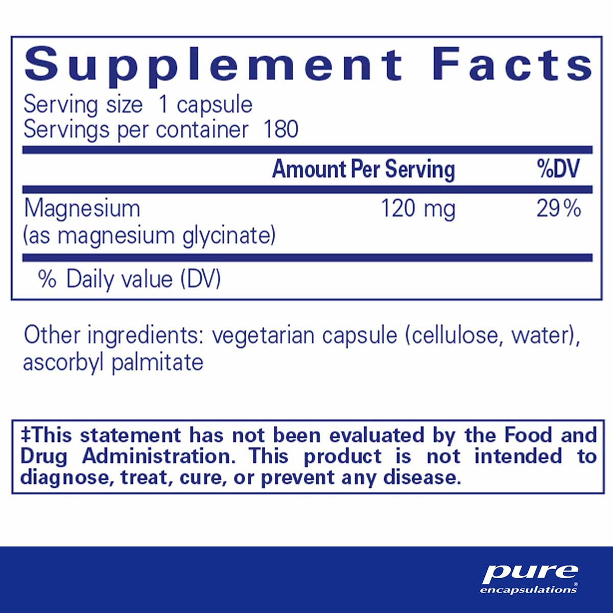 Supplement Facts label for magnesium glycinate capsules showing 120 mg per serving and 180 servings per container.