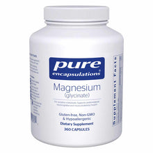 White bottle of Pure Encapsulations Magnesium (glycinate) dietary supplement containing 360 capsules with blue label.