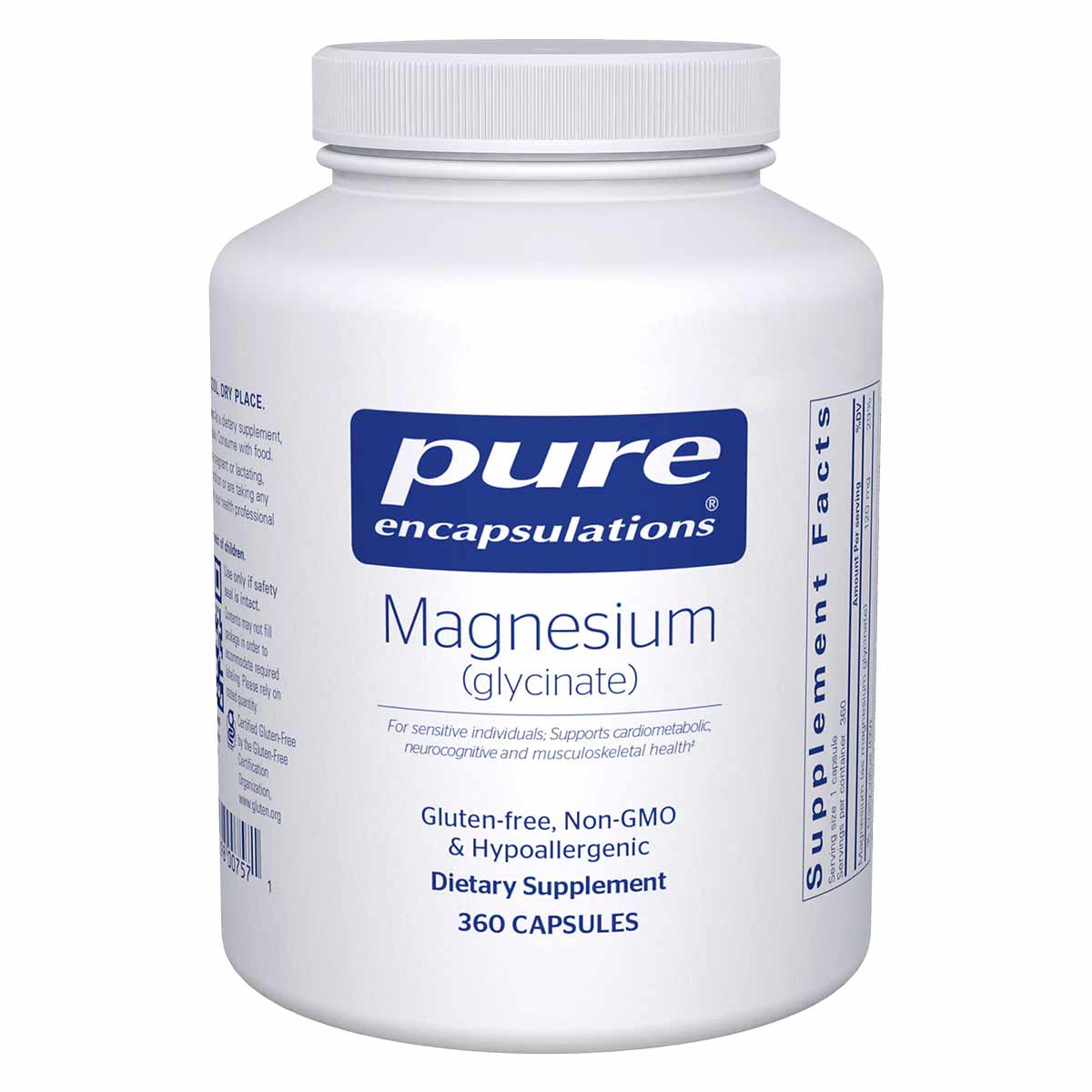 White bottle of Pure Encapsulations Magnesium (glycinate) dietary supplement containing 360 capsules with blue label.