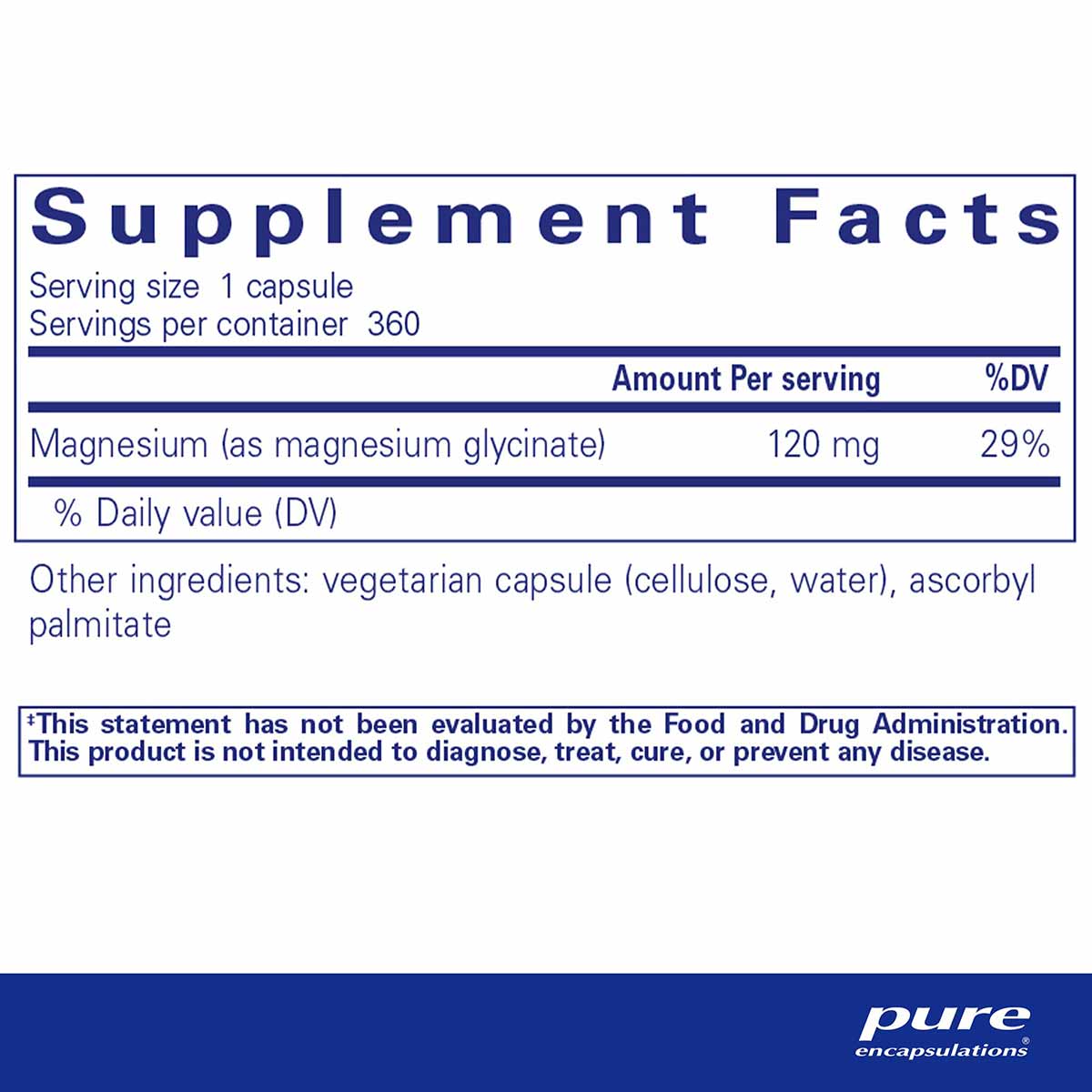 Supplement Facts label for magnesium glycinate capsules showing 120 mg per serving and 360 servings per container.