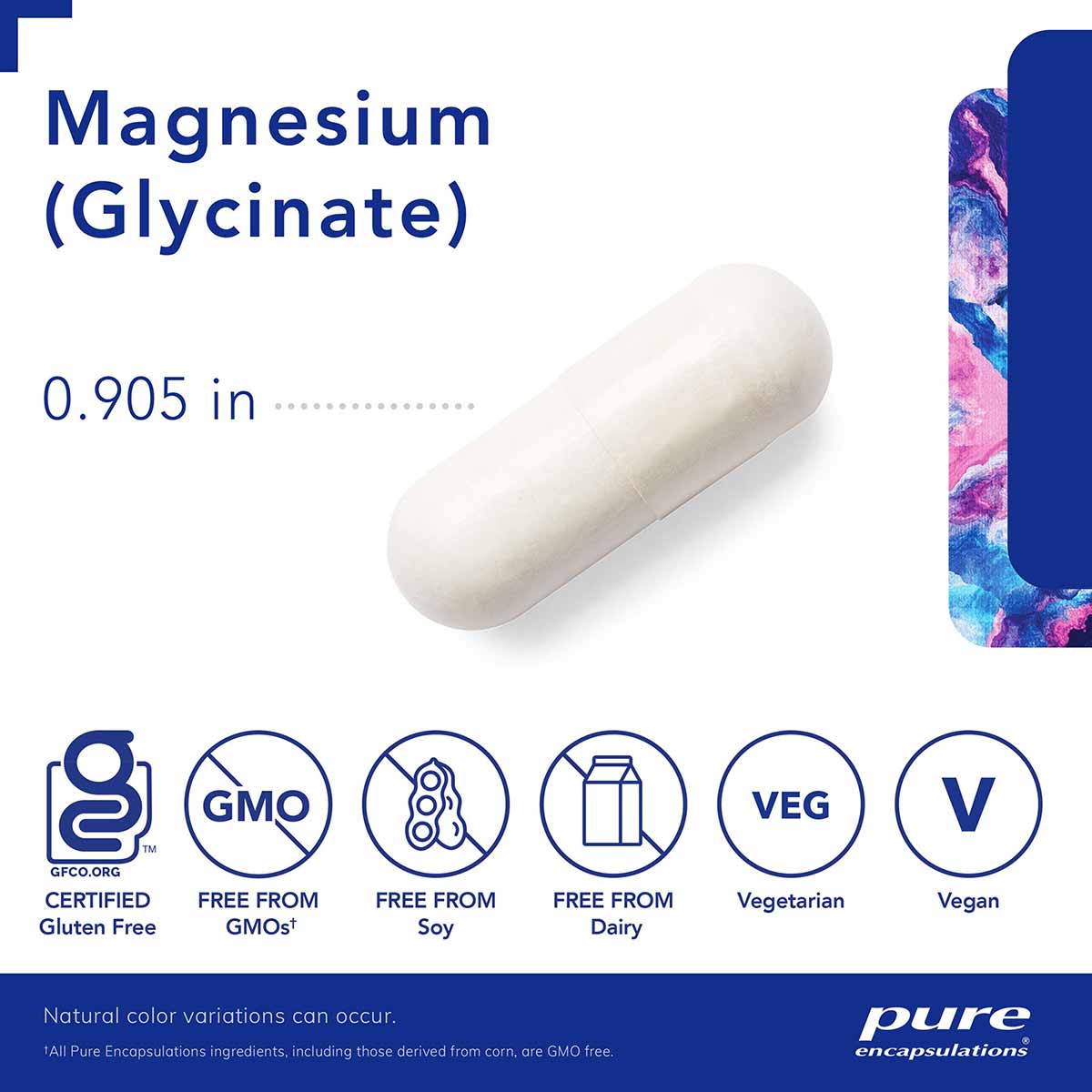 White capsule of Magnesium Glycinate supplement with product information and certification badges displayed below.