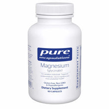 White bottle of Pure Encapsulations Magnesium (glycinate) dietary supplement containing 90 capsules.