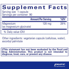 Supplement Facts label showing magnesium glycinate 120 mg per capsule, 90 servings per container, with ingredient list and FD
