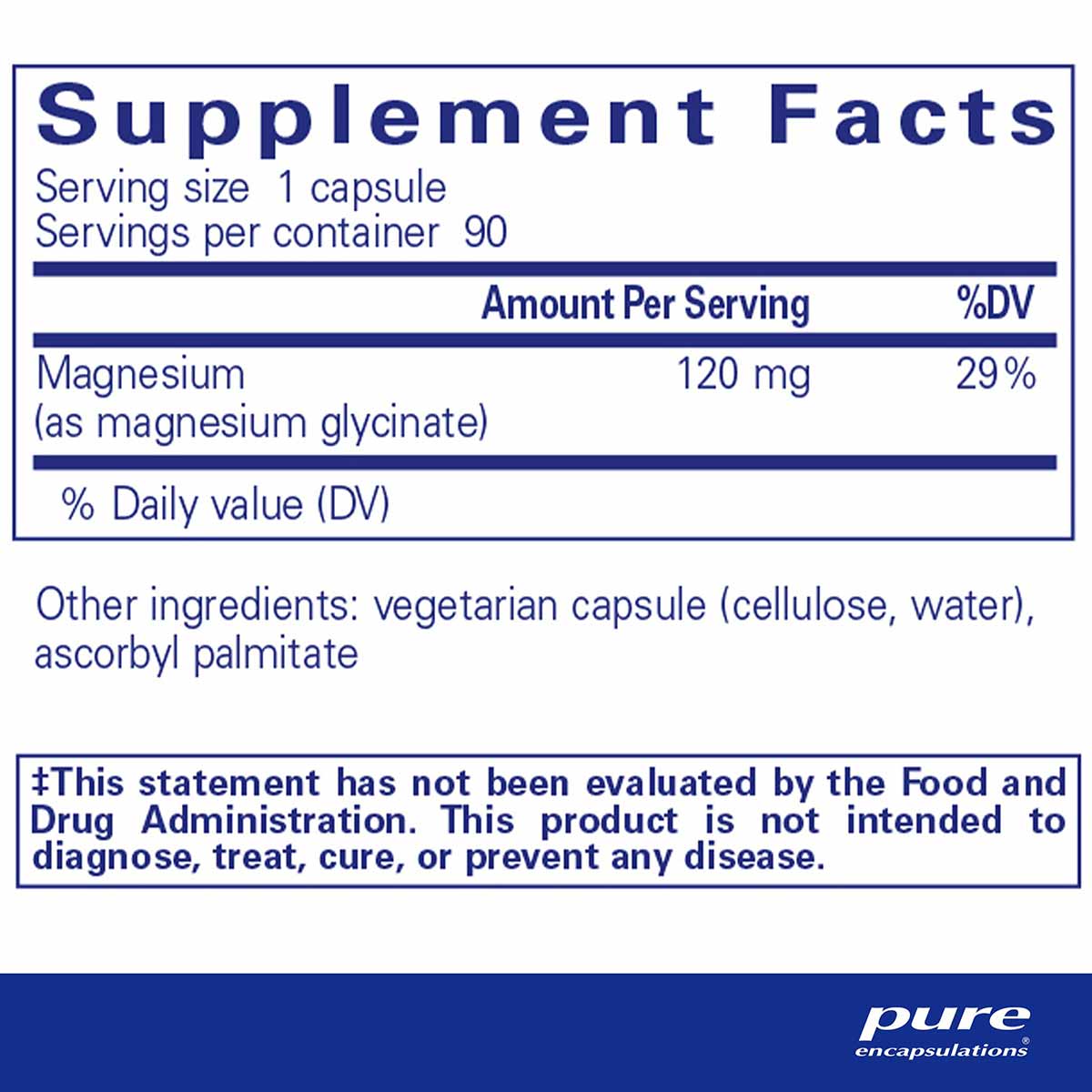 Supplement Facts label showing magnesium glycinate 120 mg per capsule, 90 servings per container, with ingredient list and FD