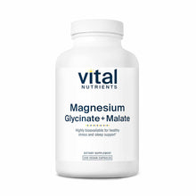 White plastic bottle of Vital Nutrients Magnesium Glycinate + Malate containing 200 vegan capsules with white screw cap.