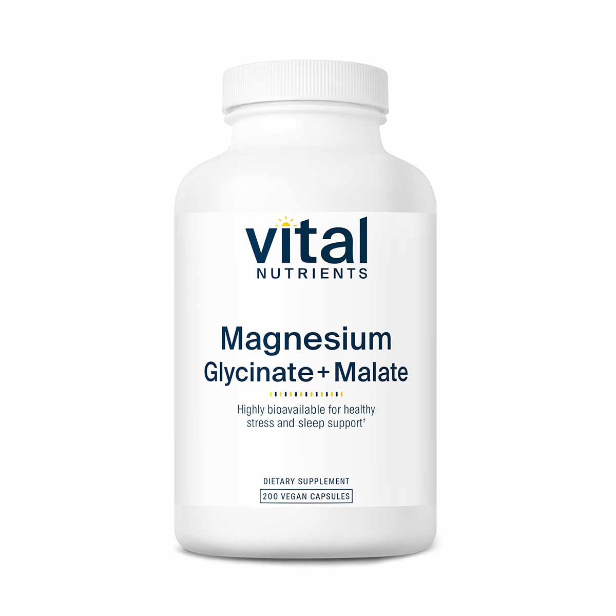 White plastic bottle of Vital Nutrients Magnesium Glycinate + Malate containing 200 vegan capsules with white screw cap.