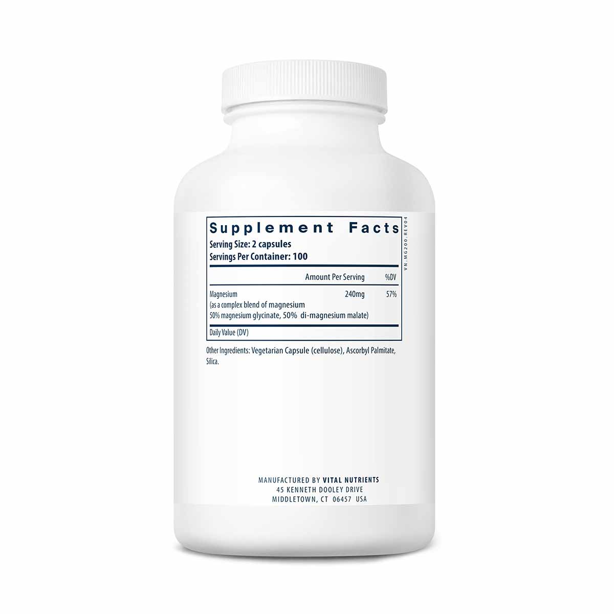 White plastic supplement bottle with white screw cap and black text label showing Supplement Facts and Vital Nutrients brandi
