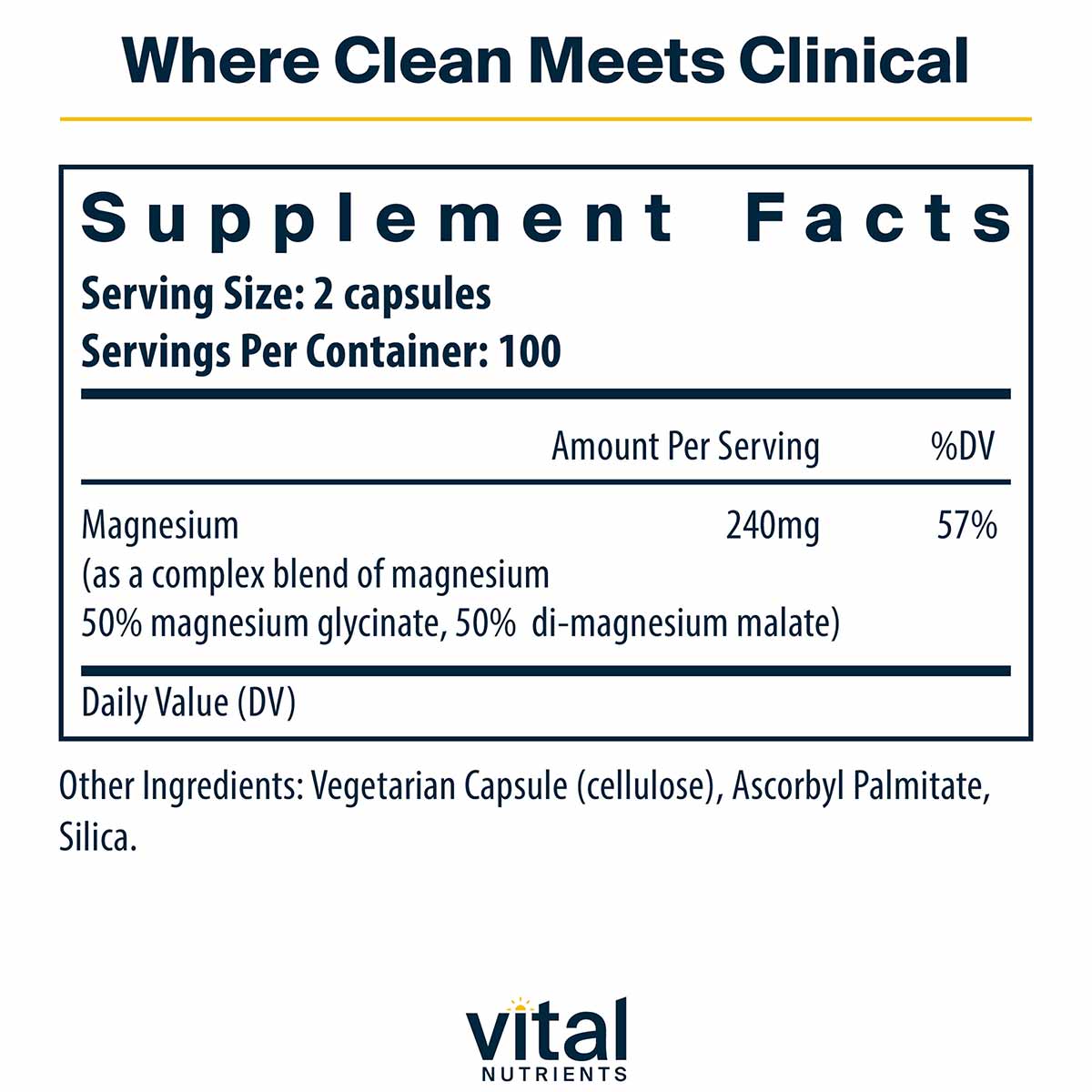 Supplement Facts label for Magnesium Glycinate + Malate showing serving size, ingredients, and daily value information.
