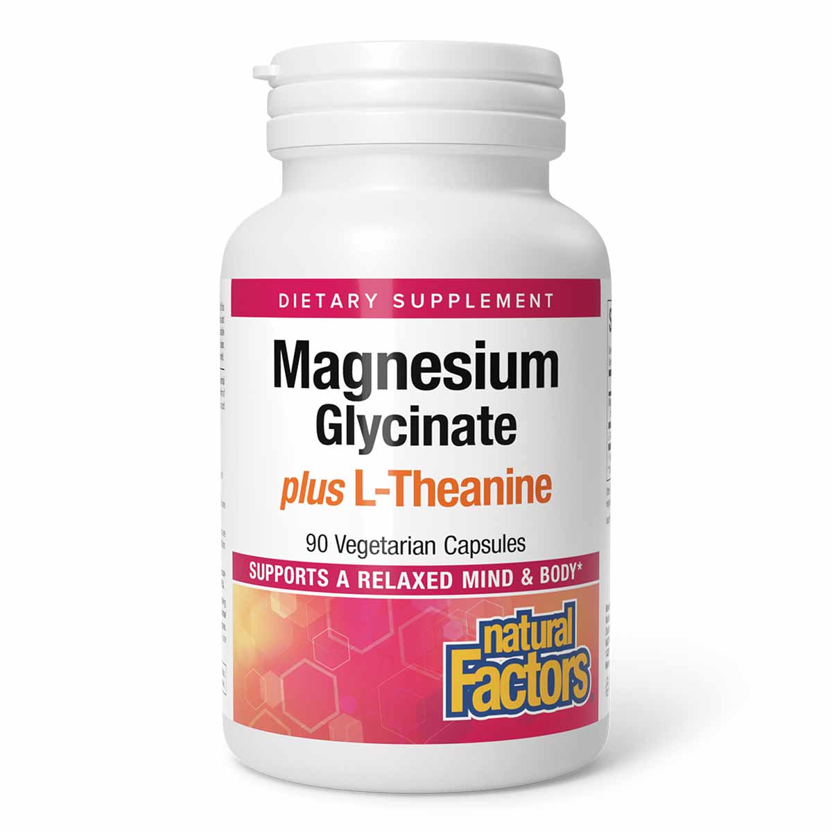 White supplement bottle with pink and orange label reading "Magnesium Glycinate plus L-Theanine, 90 Vegetarian Capsules" by N
