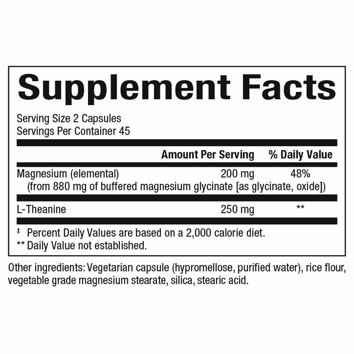 Supplement Facts label showing magnesium glycinate 200 mg and L-Theanine 250 mg per serving, 45 servings per container.
