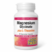 White bottle of Magnesium Glycinate plus L-Theanine dietary supplement with pink label containing 90 vegetarian capsules.