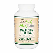 White plastic bottle with tan and green label showing Magtein Magnesium L-Threonate, 2000mg per serving, 120 capsules.