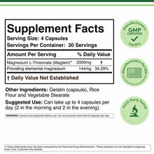 Supplement Facts label for Magnesium L-Threonate showing 2000mg per serving, 30 servings per container, with GMP certified an