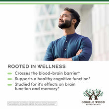 Man in blue shirt looking upward with "Rooted in Wellness" text and product benefit claims below.